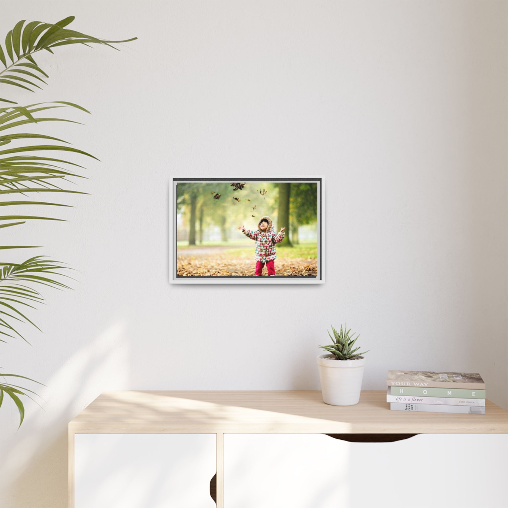 Framed Matte Canvas Photo Print — Autumn Child Playing in Leaves