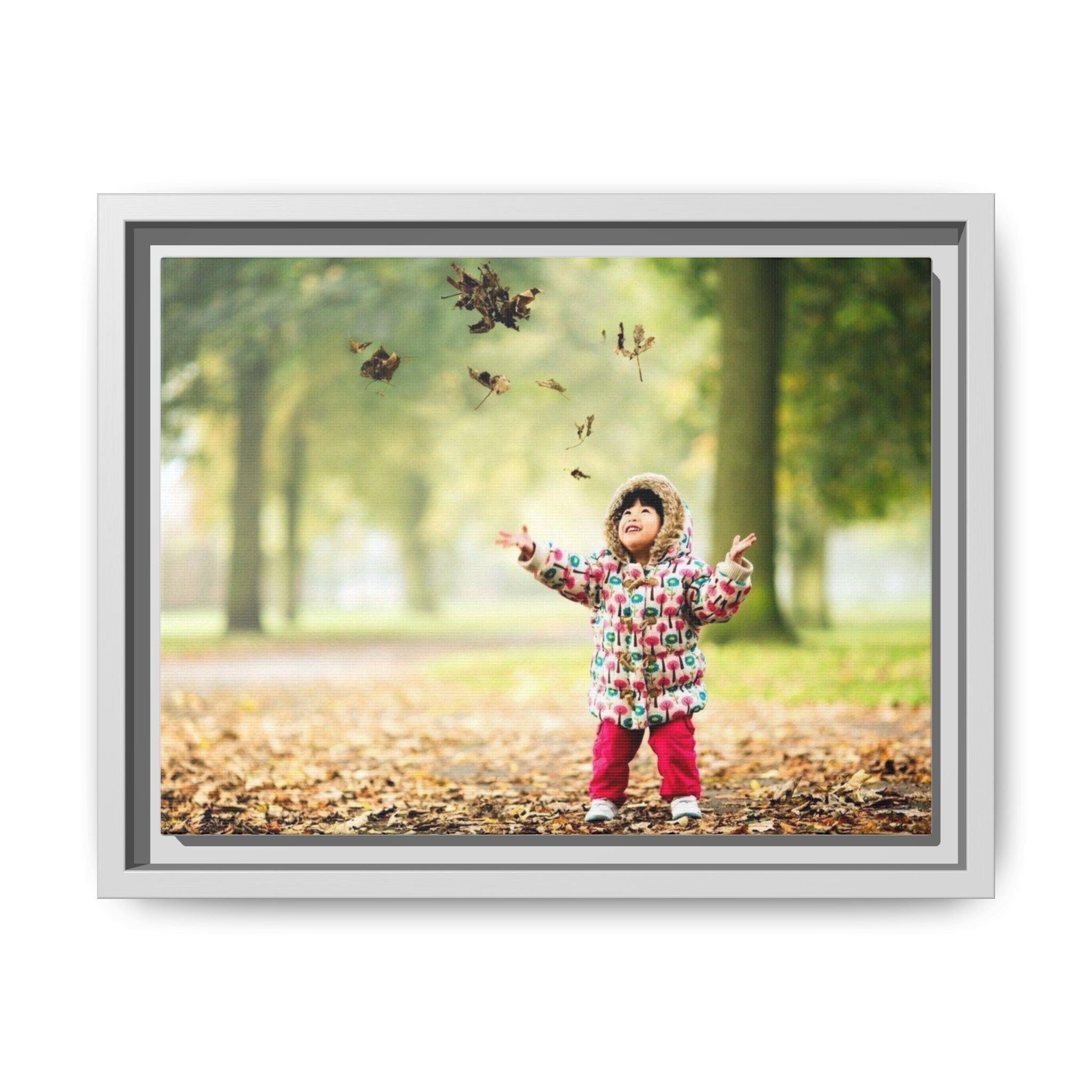 Framed Matte Canvas Photo Print — Autumn Child Playing in Leaves