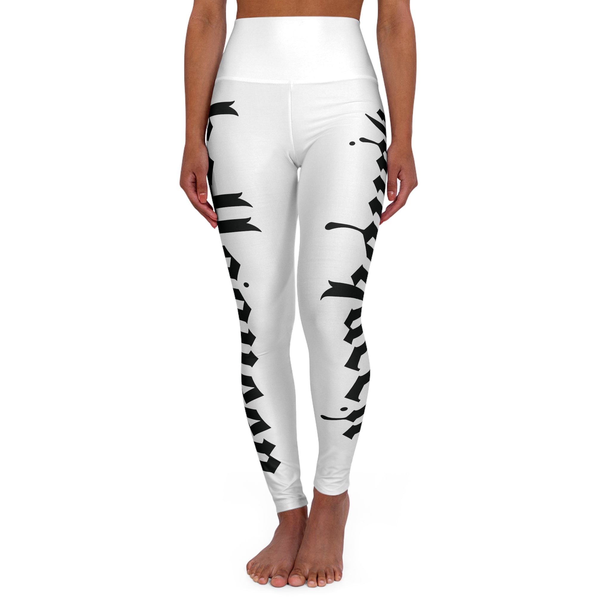 White High-Waisted Leggings with Black Gothic Script Side Print — Yoga & Activewear