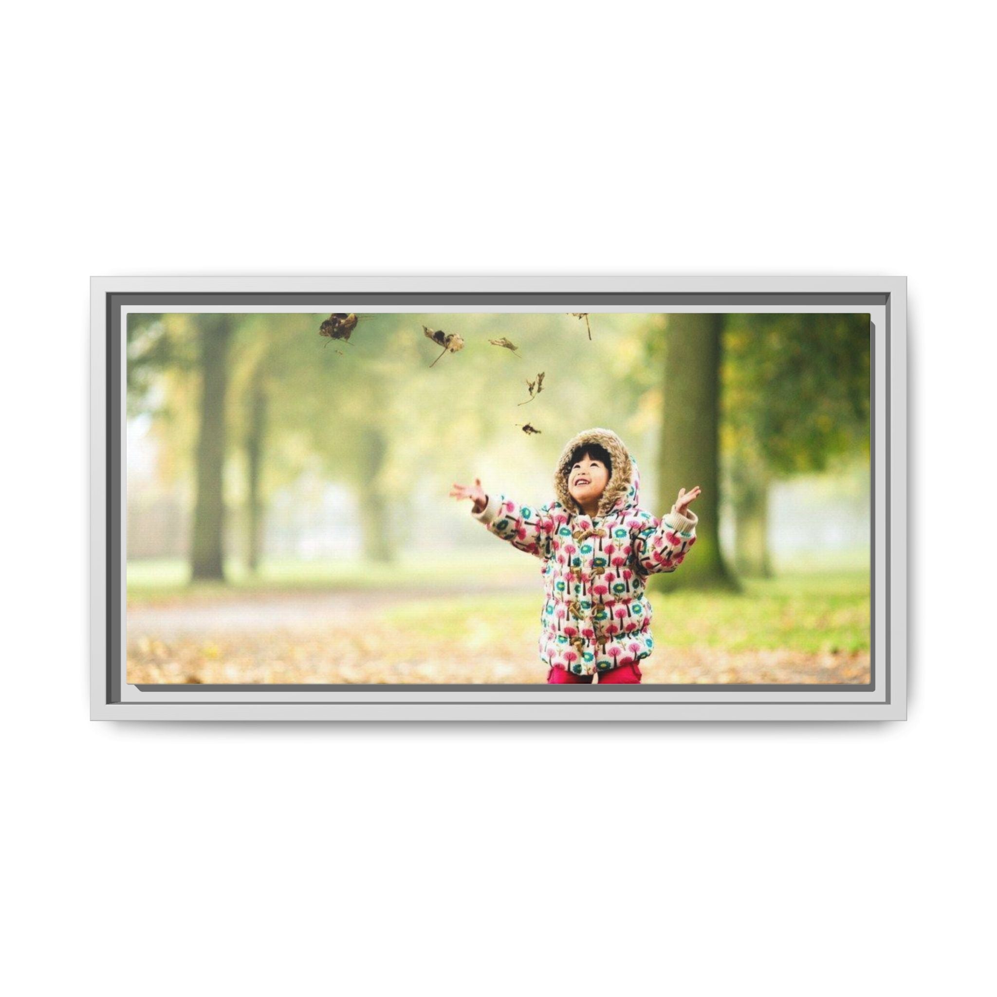 Framed Matte Canvas Photo Print — Autumn Child Playing in Leaves