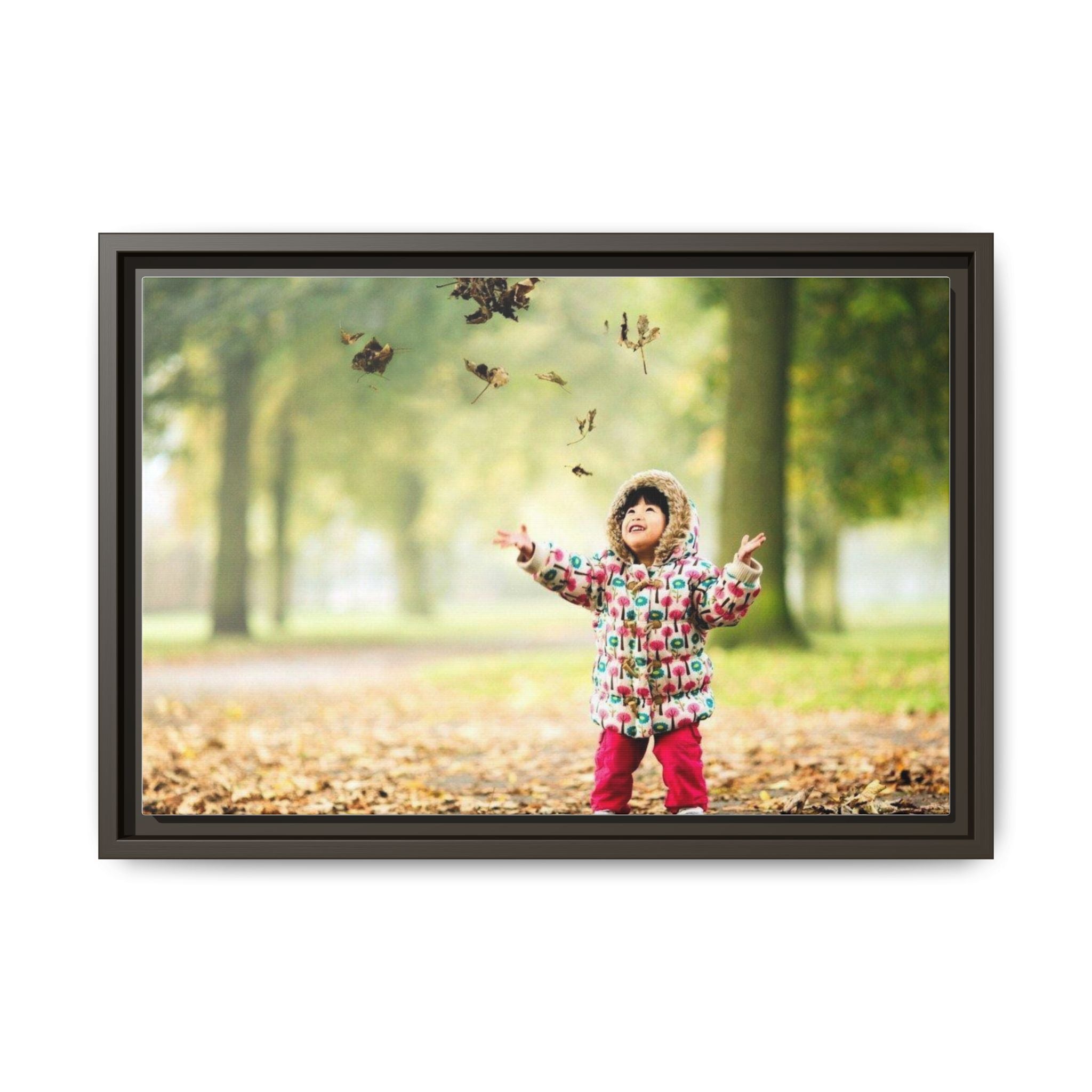 Framed Matte Canvas Photo Print — Autumn Child Playing in Leaves