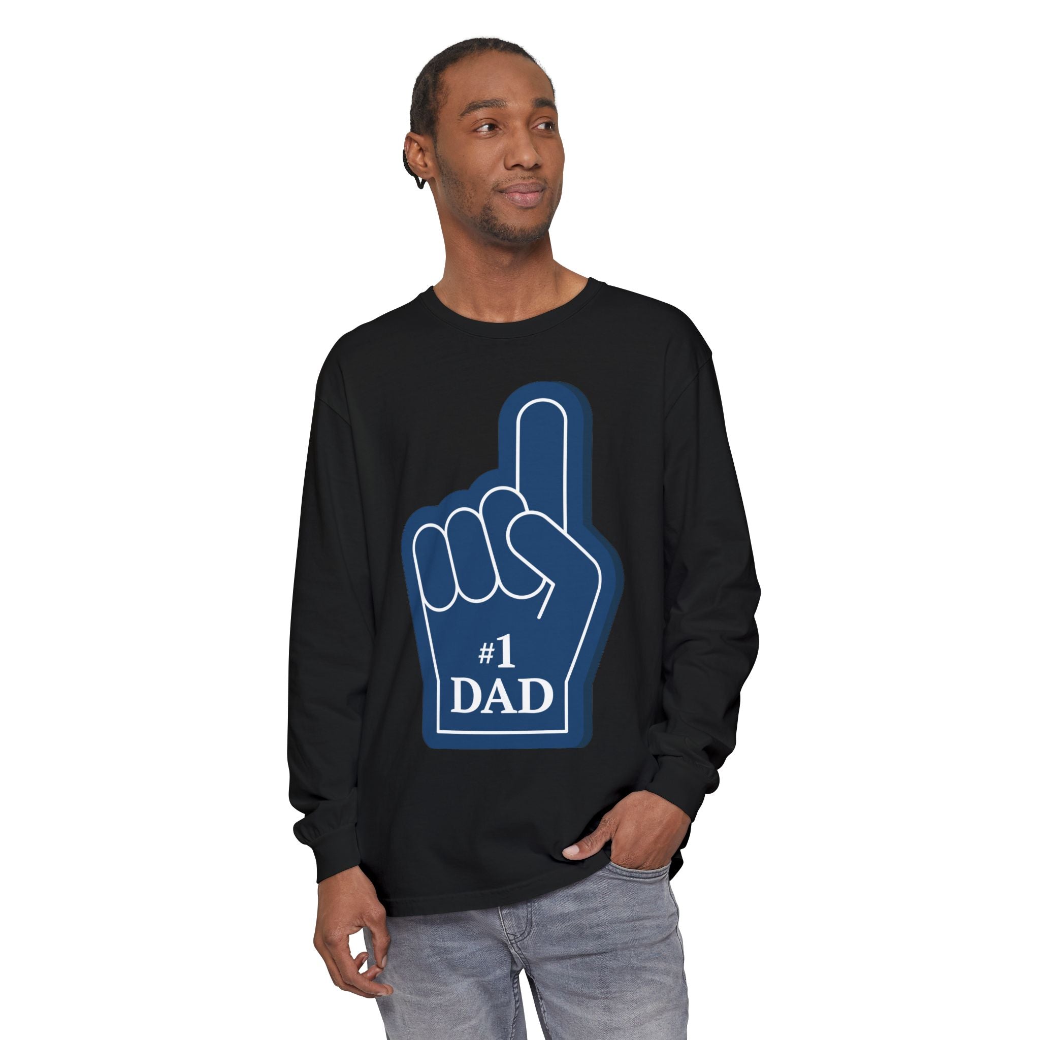 #1 Dad Foam Finger Long Sleeve Shirt — "Super Dad" Back Graphic