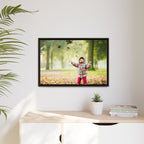 Framed Matte Canvas Photo Print — Autumn Child Playing in Leaves