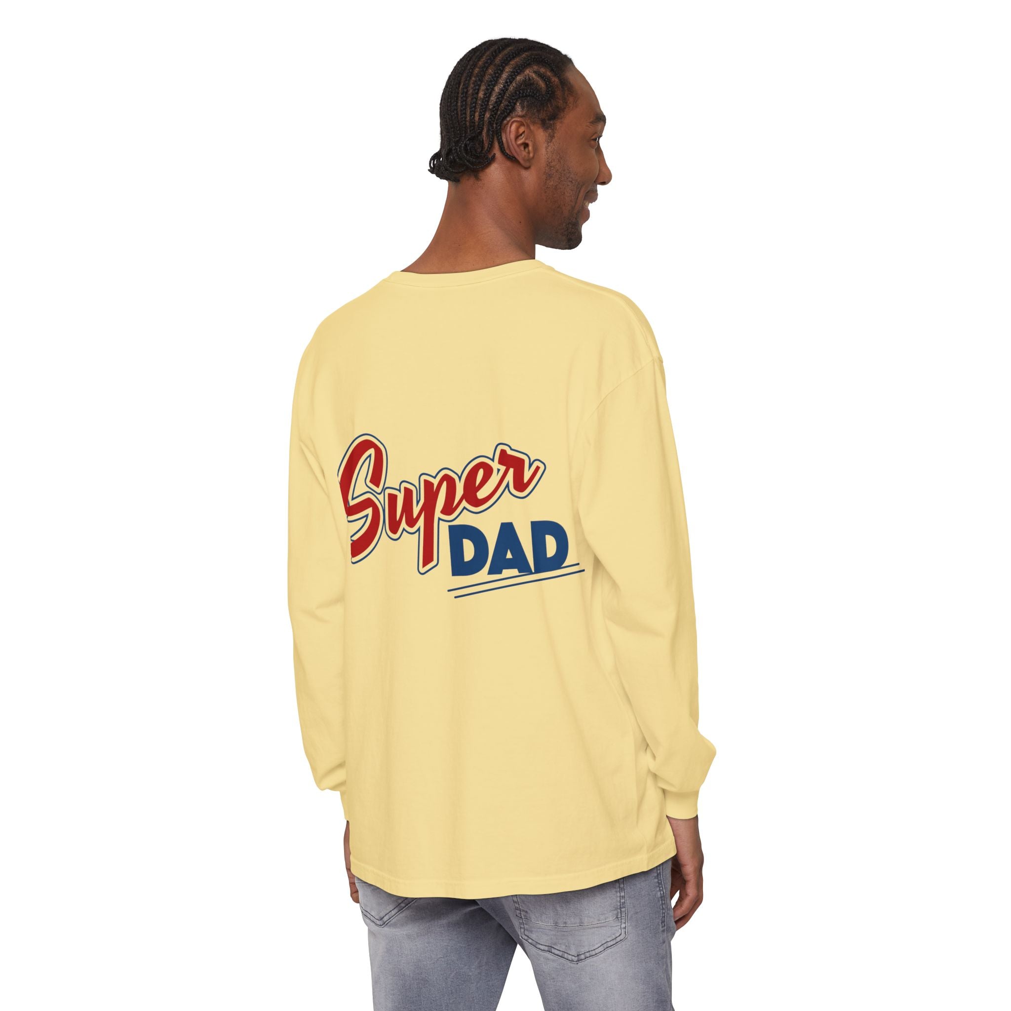 #1 Dad Foam Finger Long Sleeve Shirt — "Super Dad" Back Graphic