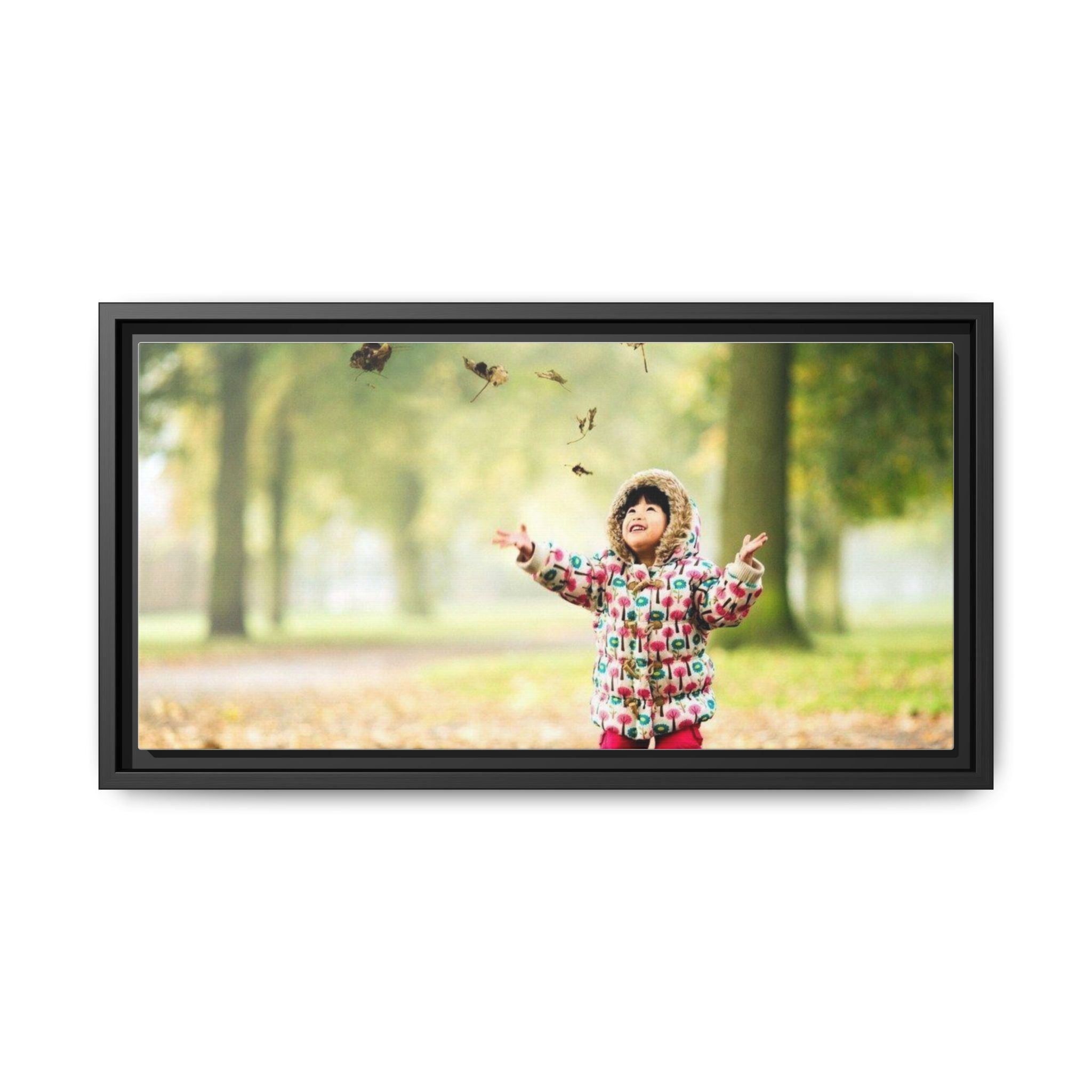 Framed Matte Canvas Photo Print — Autumn Child Playing in Leaves