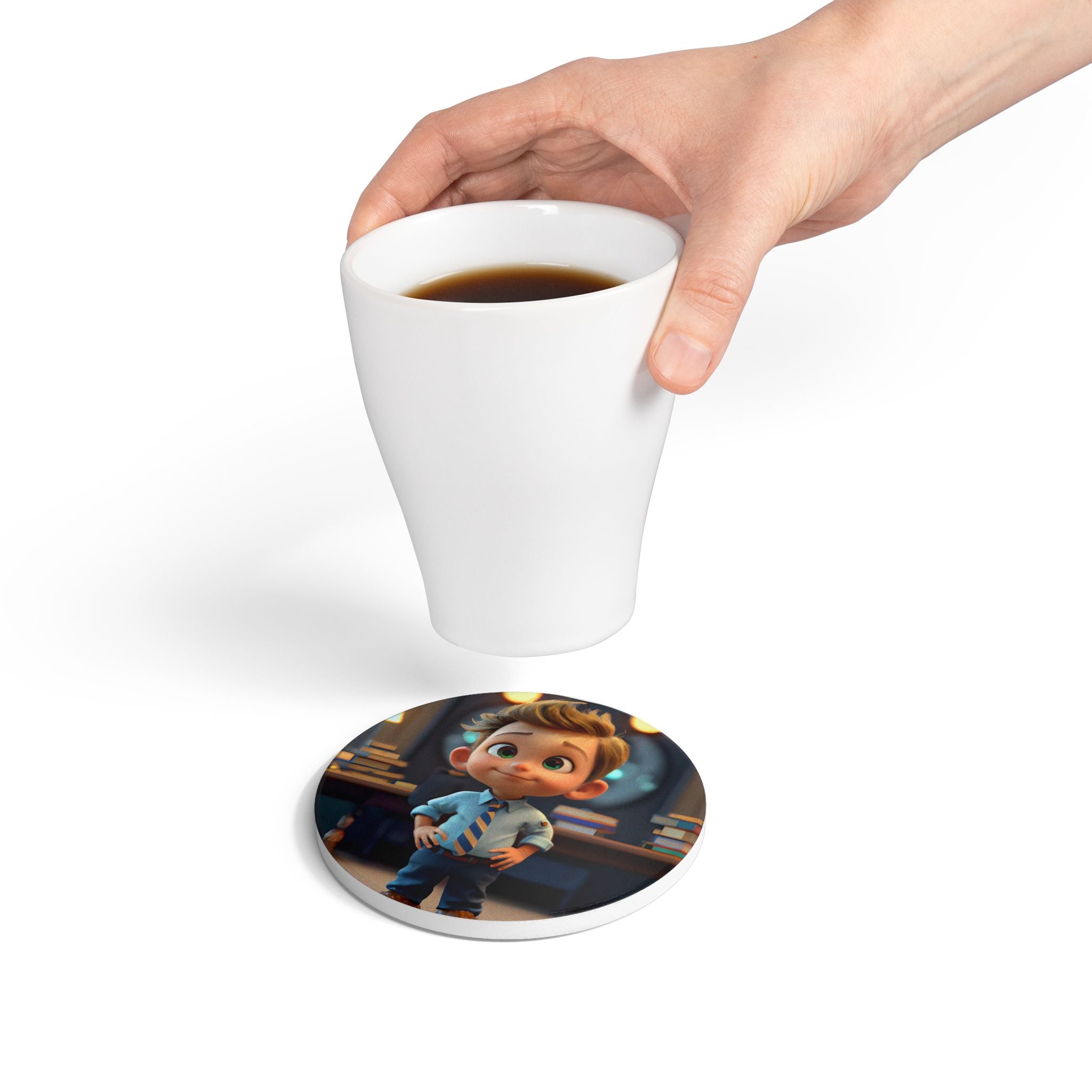 Kid Cartoon Boy Ceramic Coaster — Cute Office Desk Drink Mat