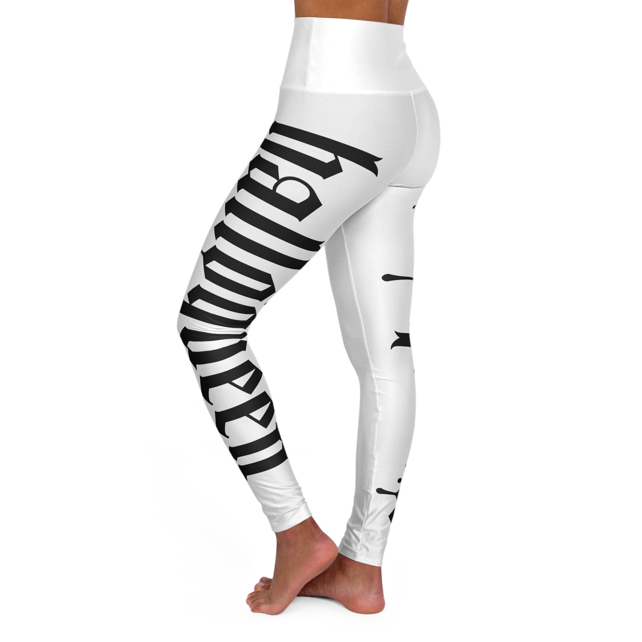 White High-Waisted Leggings with Black Gothic Script Side Print — Yoga & Activewear