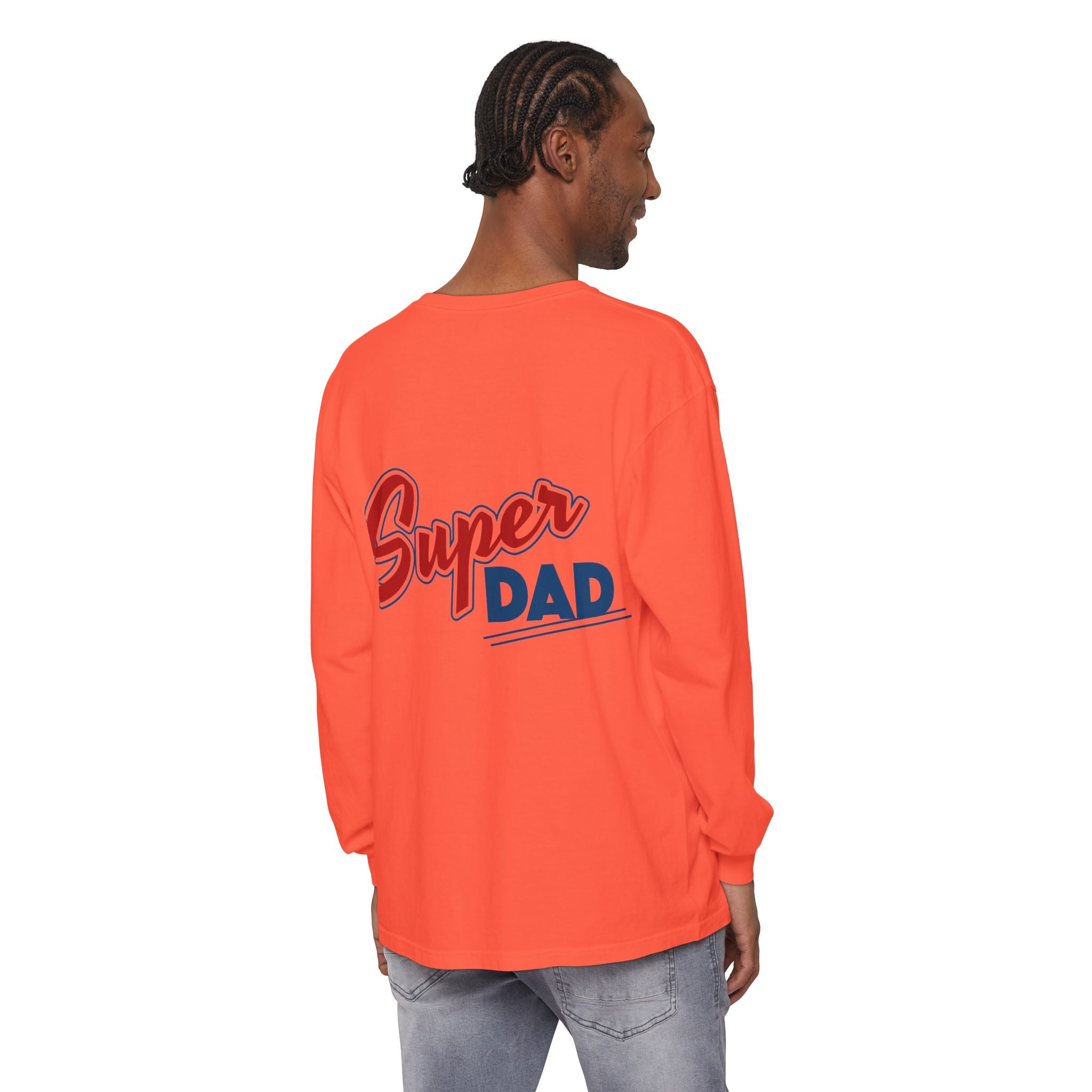 #1 Dad Foam Finger Long Sleeve Shirt — "Super Dad" Back Graphic
