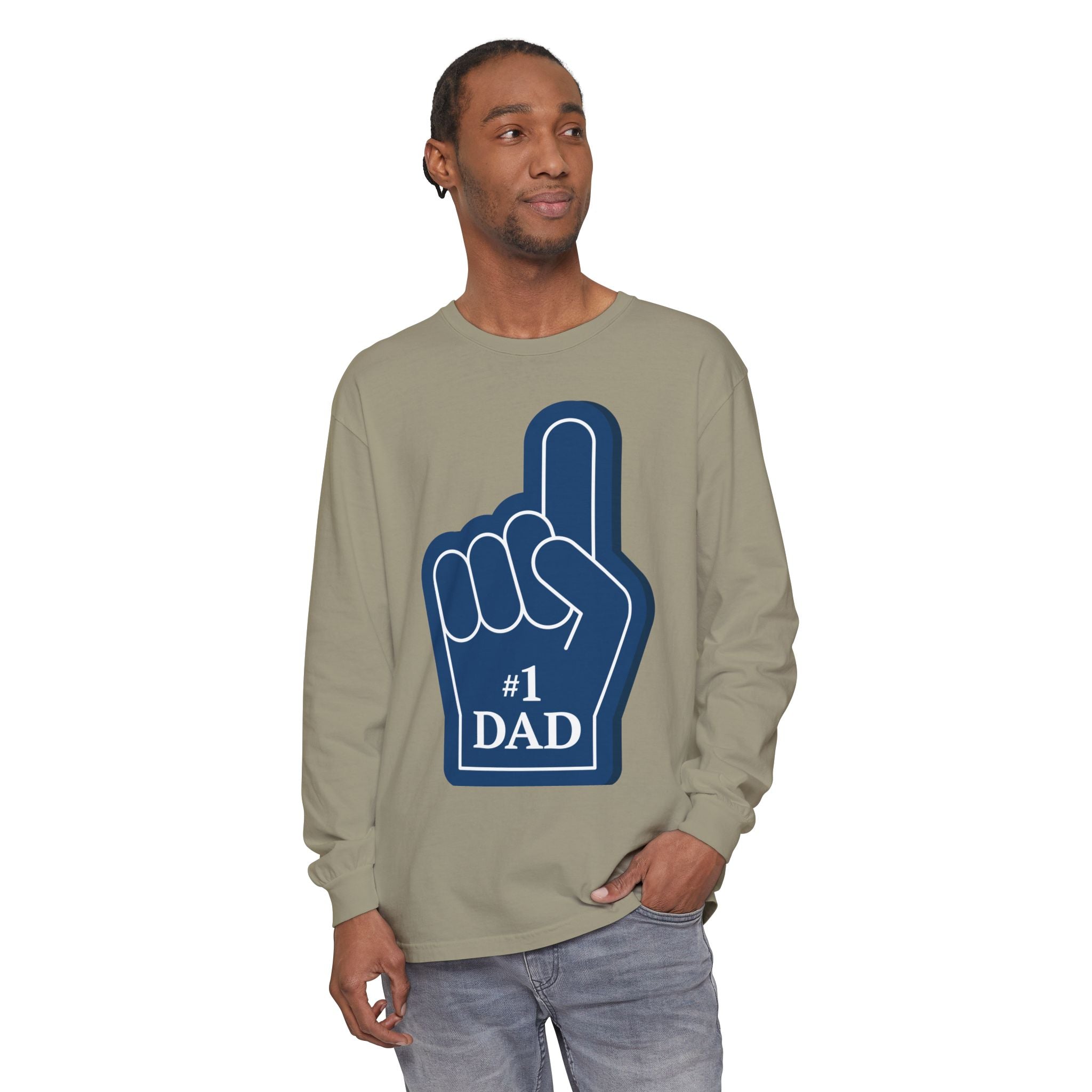 #1 Dad Foam Finger Long Sleeve Shirt — "Super Dad" Back Graphic