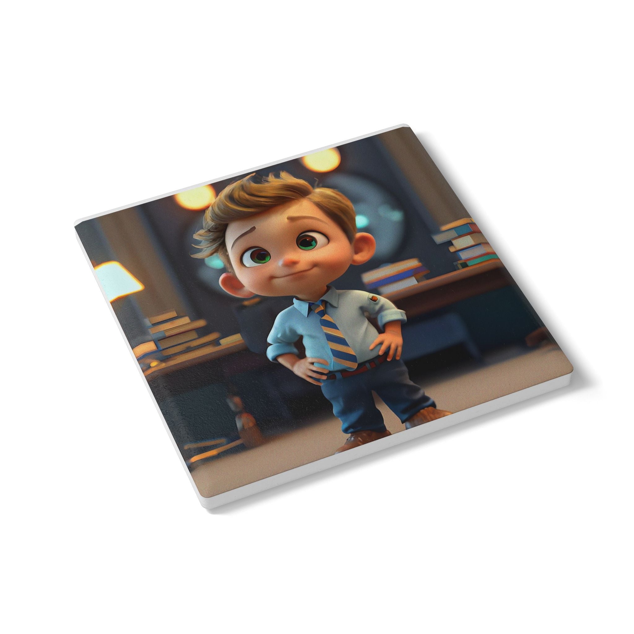 Kid Cartoon Boy Ceramic Coaster — Cute Office Desk Drink Mat