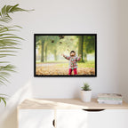 Framed Matte Canvas Photo Print — Autumn Child Playing in Leaves