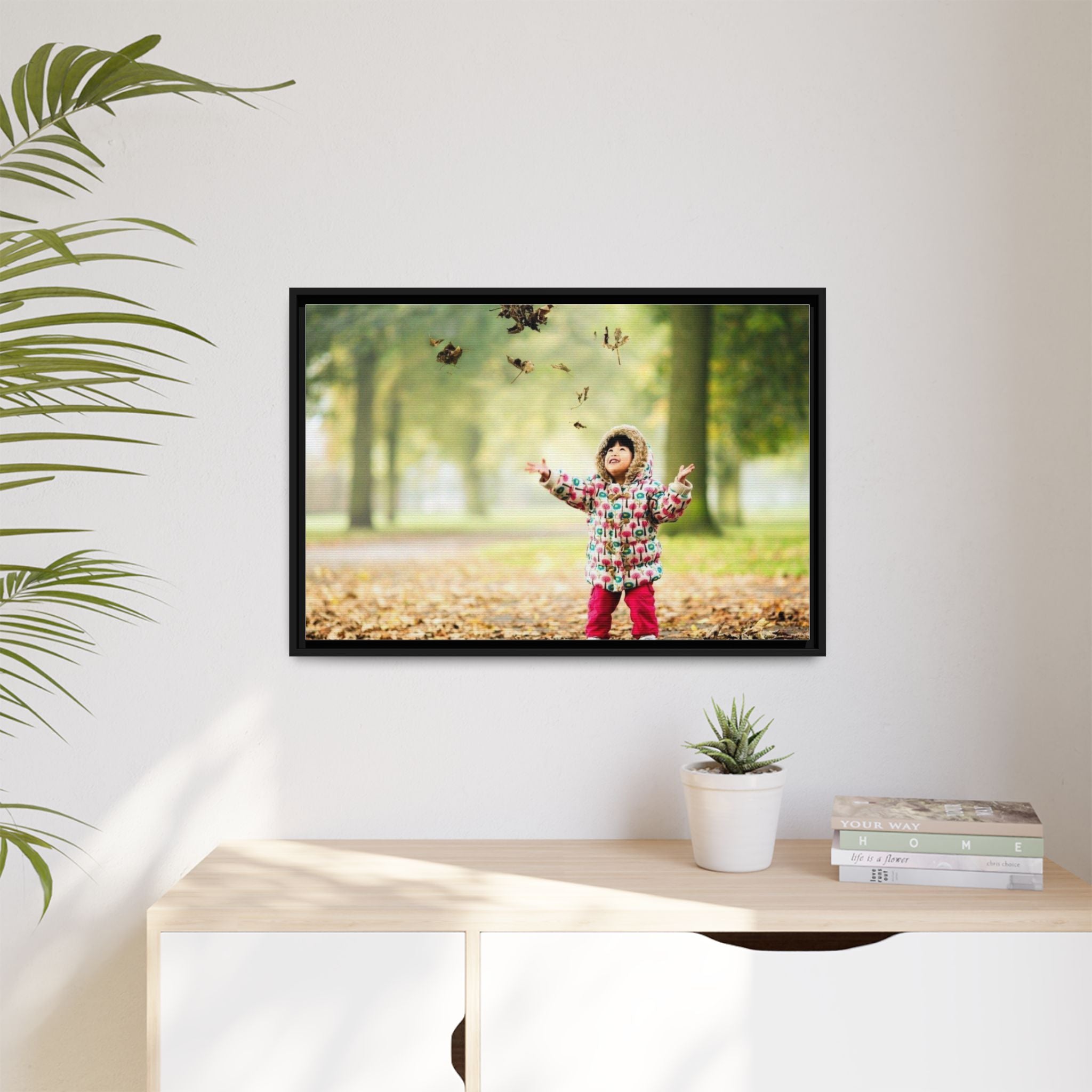 Framed Matte Canvas Photo Print — Autumn Child Playing in Leaves