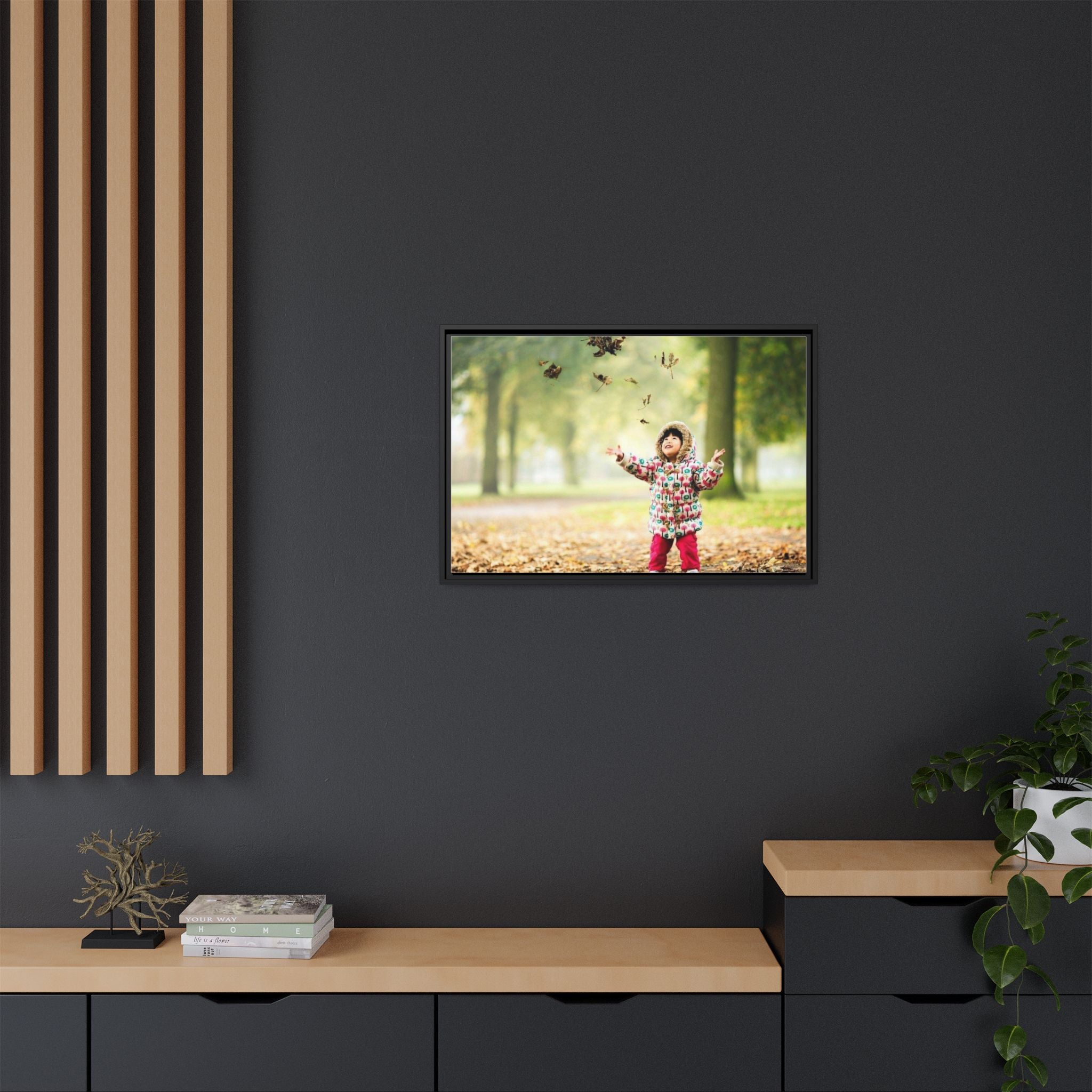 Framed Matte Canvas Photo Print — Autumn Child Playing in Leaves