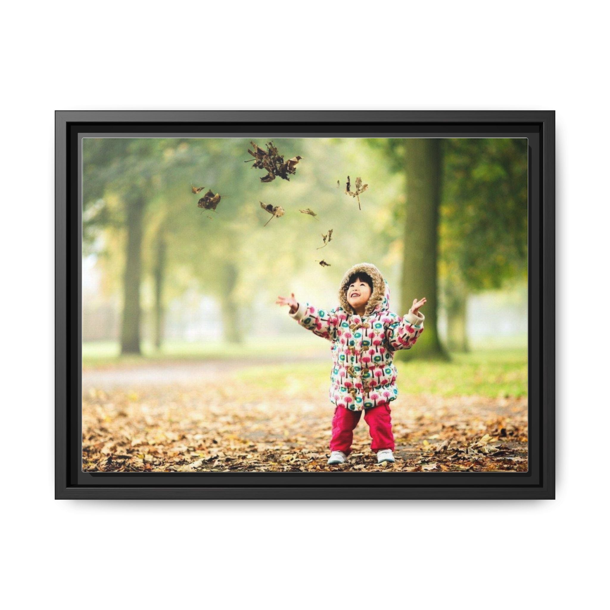 Framed Matte Canvas Photo Print — Autumn Child Playing in Leaves