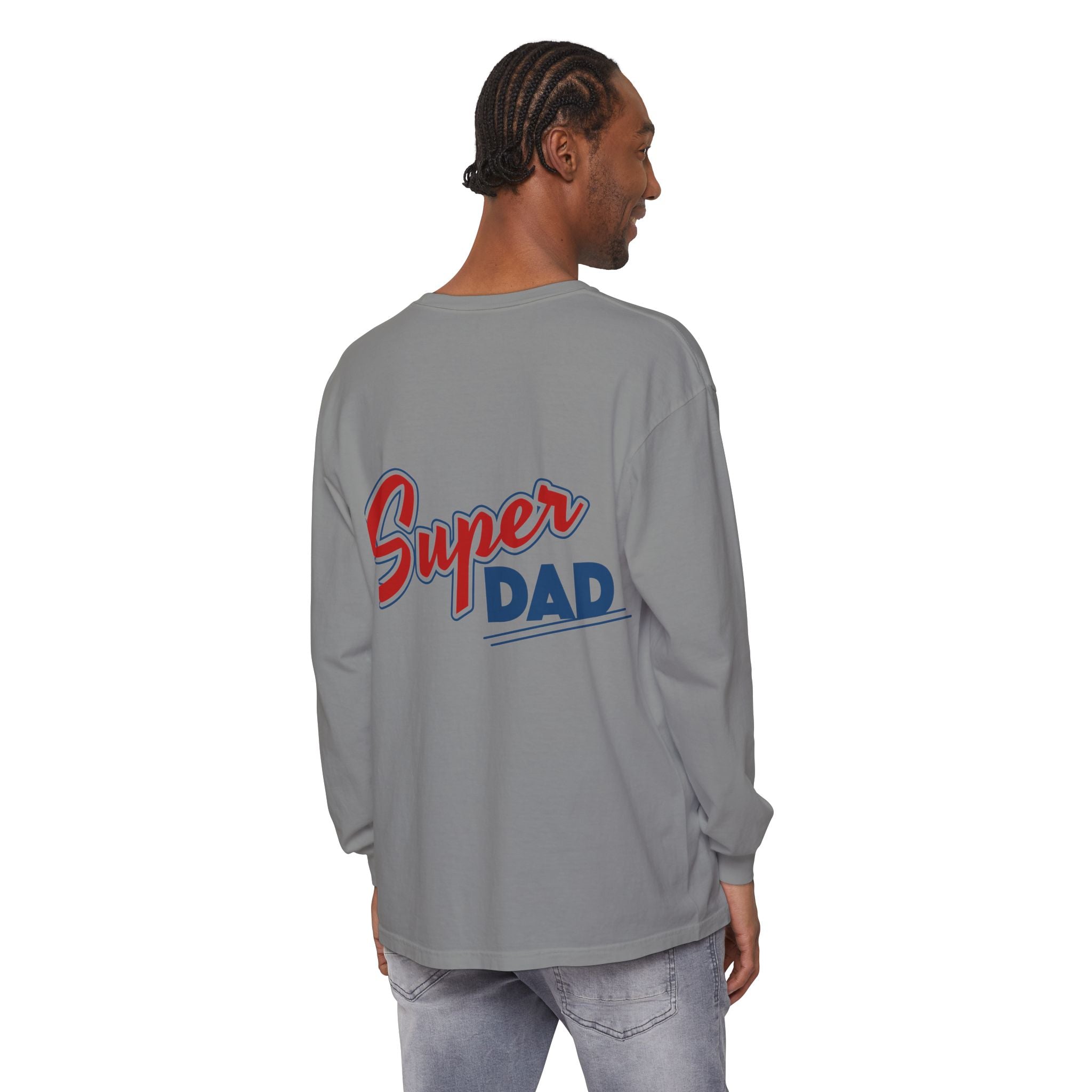 #1 Dad Foam Finger Long Sleeve Shirt — "Super Dad" Back Graphic