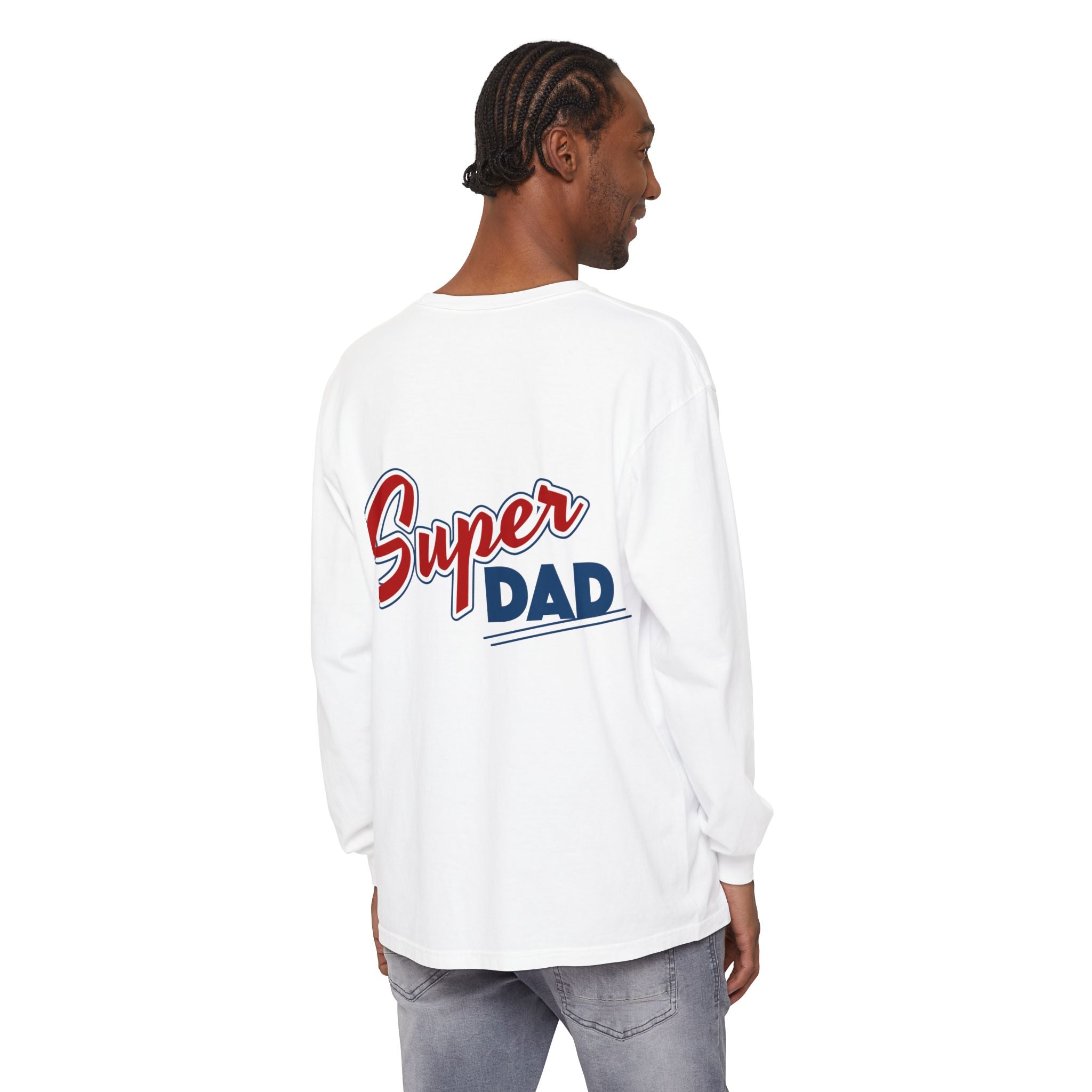 #1 Dad Foam Finger Long Sleeve Shirt — "Super Dad" Back Graphic