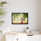 Framed Matte Canvas Photo Print — Autumn Child Playing in Leaves
