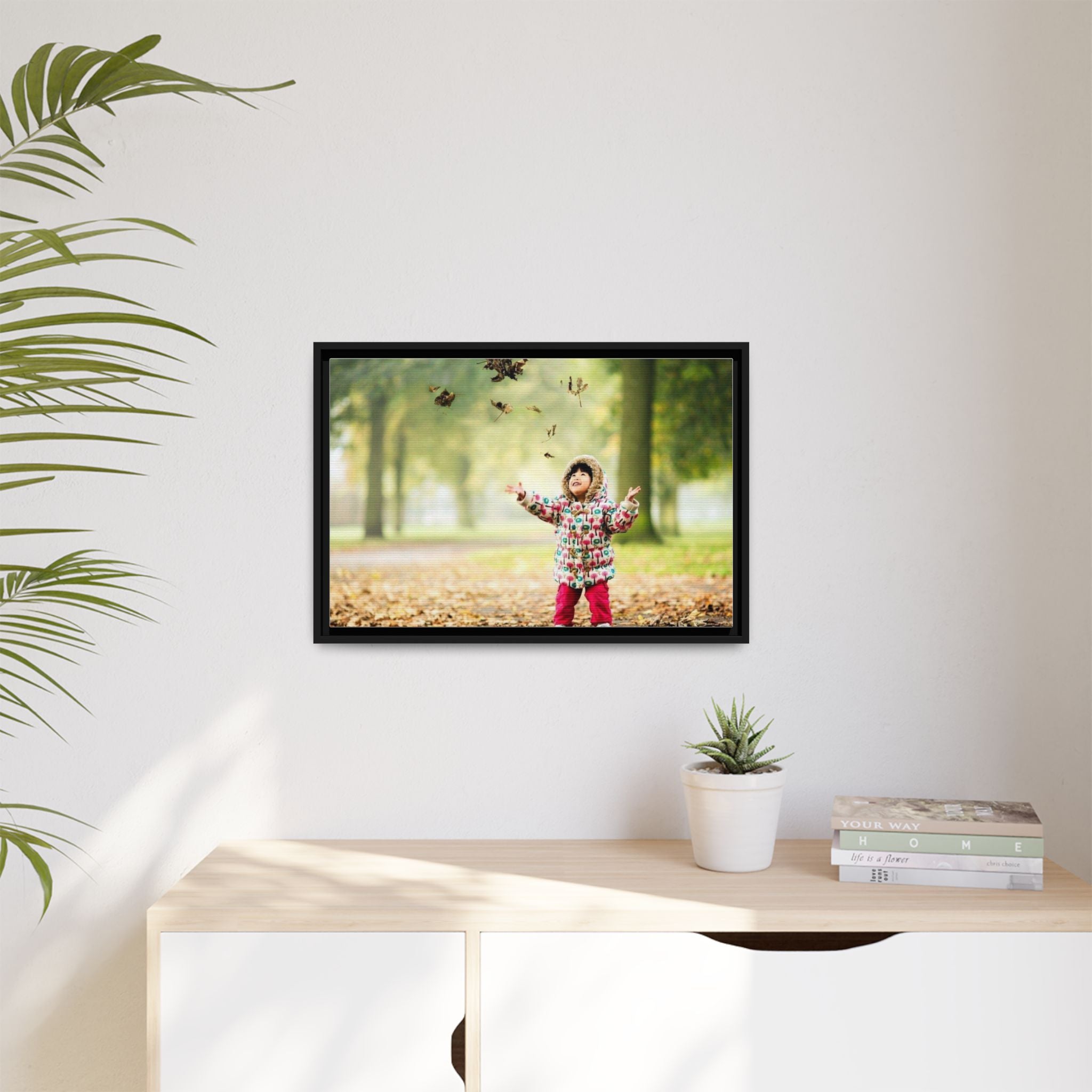 Framed Matte Canvas Photo Print — Autumn Child Playing in Leaves