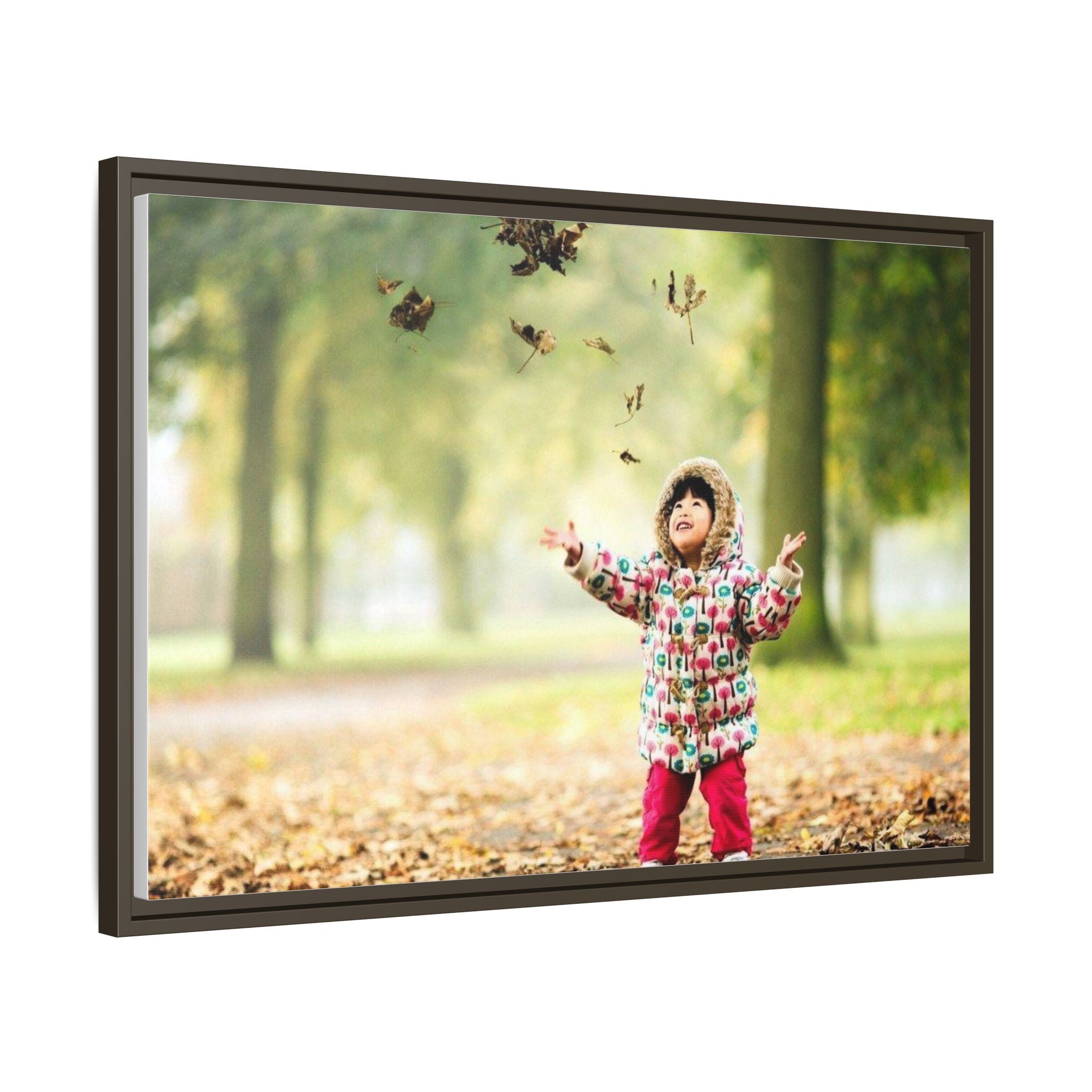 Framed Matte Canvas Photo Print — Autumn Child Playing in Leaves