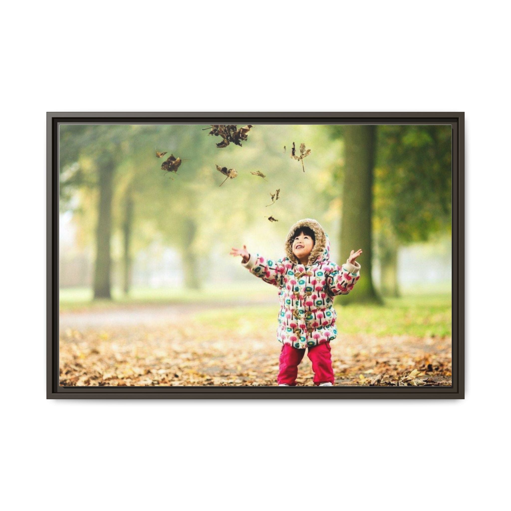 Framed Matte Canvas Photo Print — Autumn Child Playing in Leaves