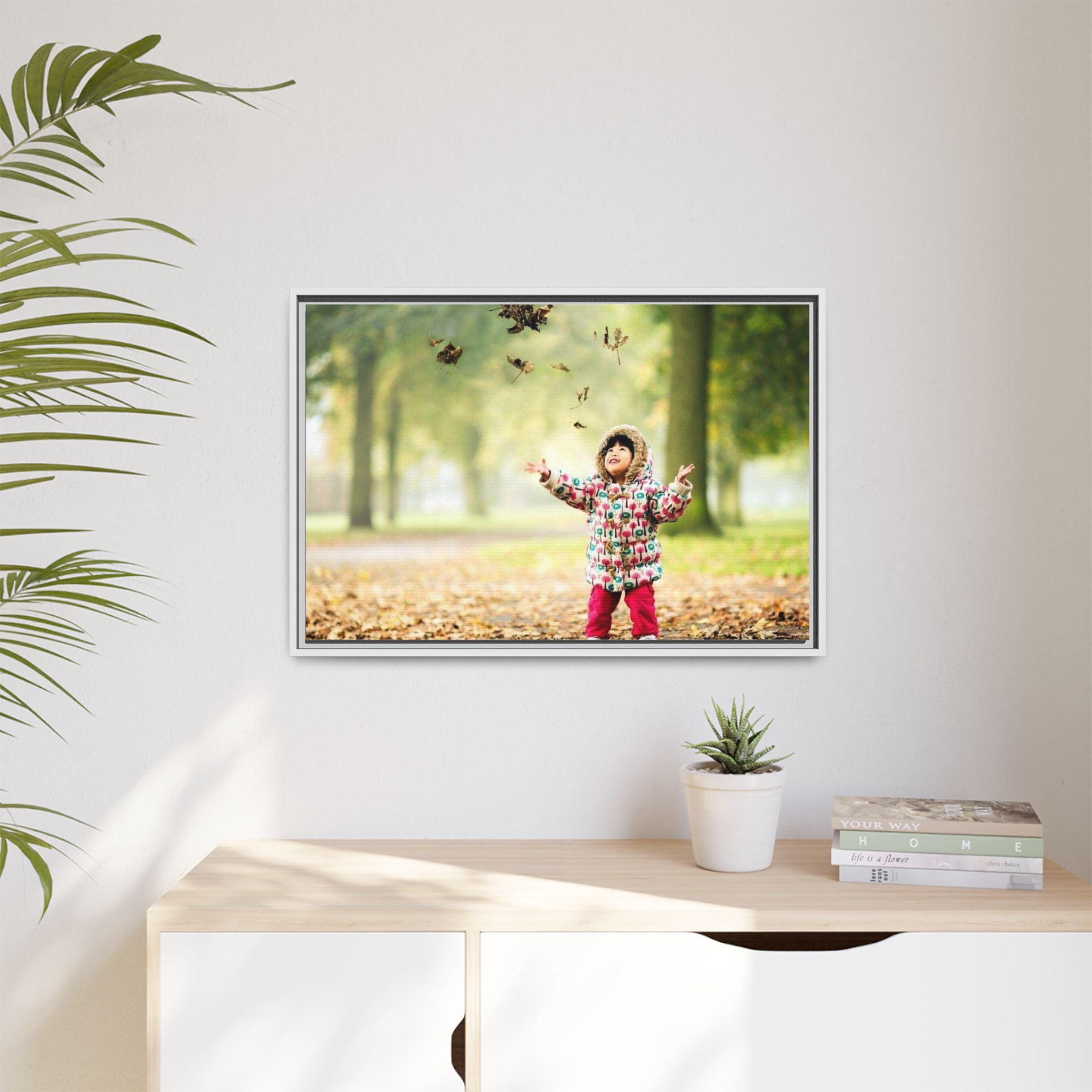 Framed Matte Canvas Photo Print — Autumn Child Playing in Leaves