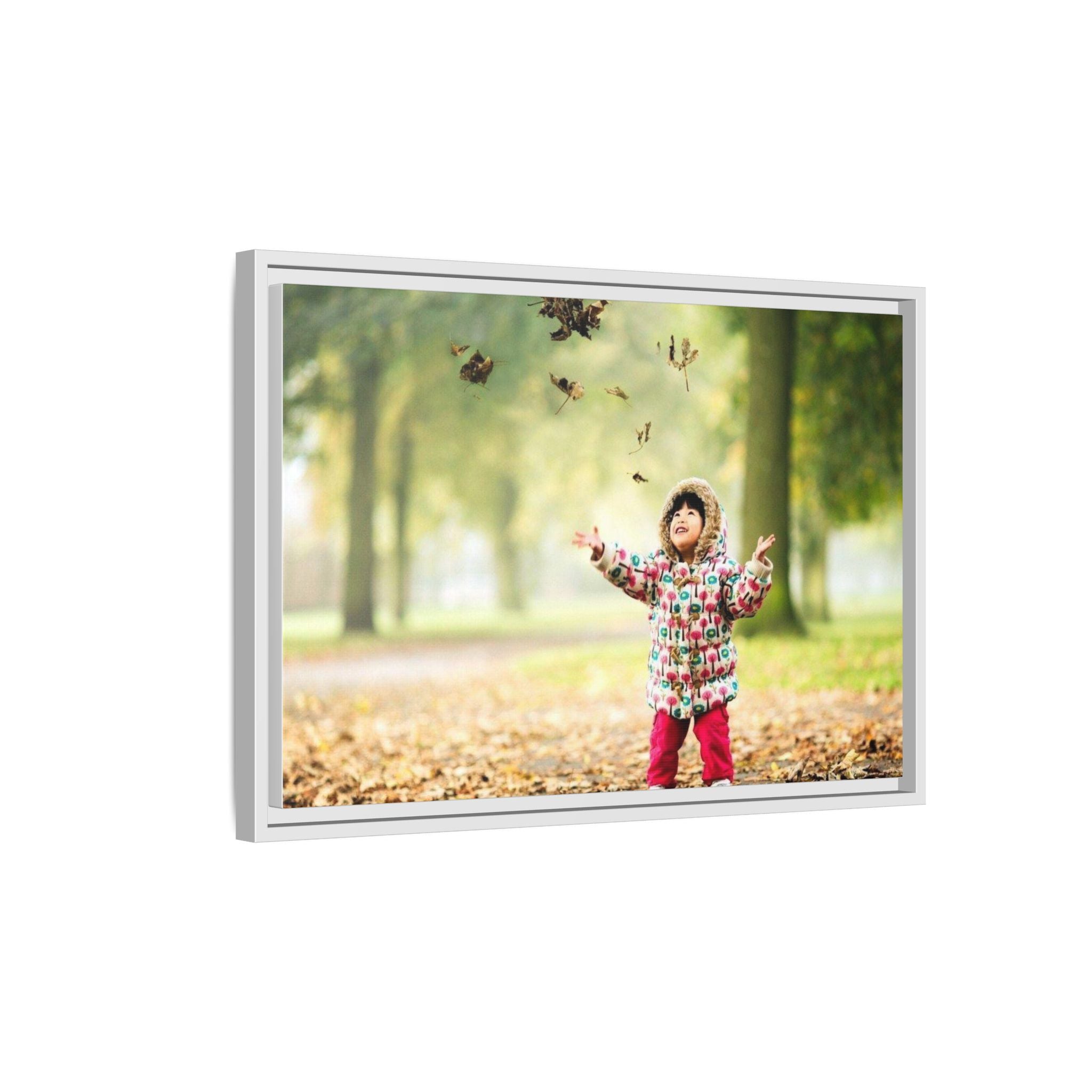 Framed Matte Canvas Photo Print — Autumn Child Playing in Leaves