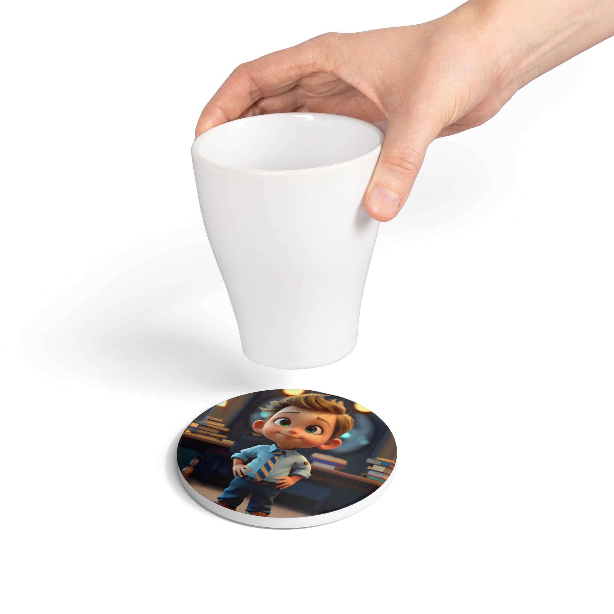 Kid Cartoon Boy Ceramic Coaster — Cute Office Desk Drink Mat