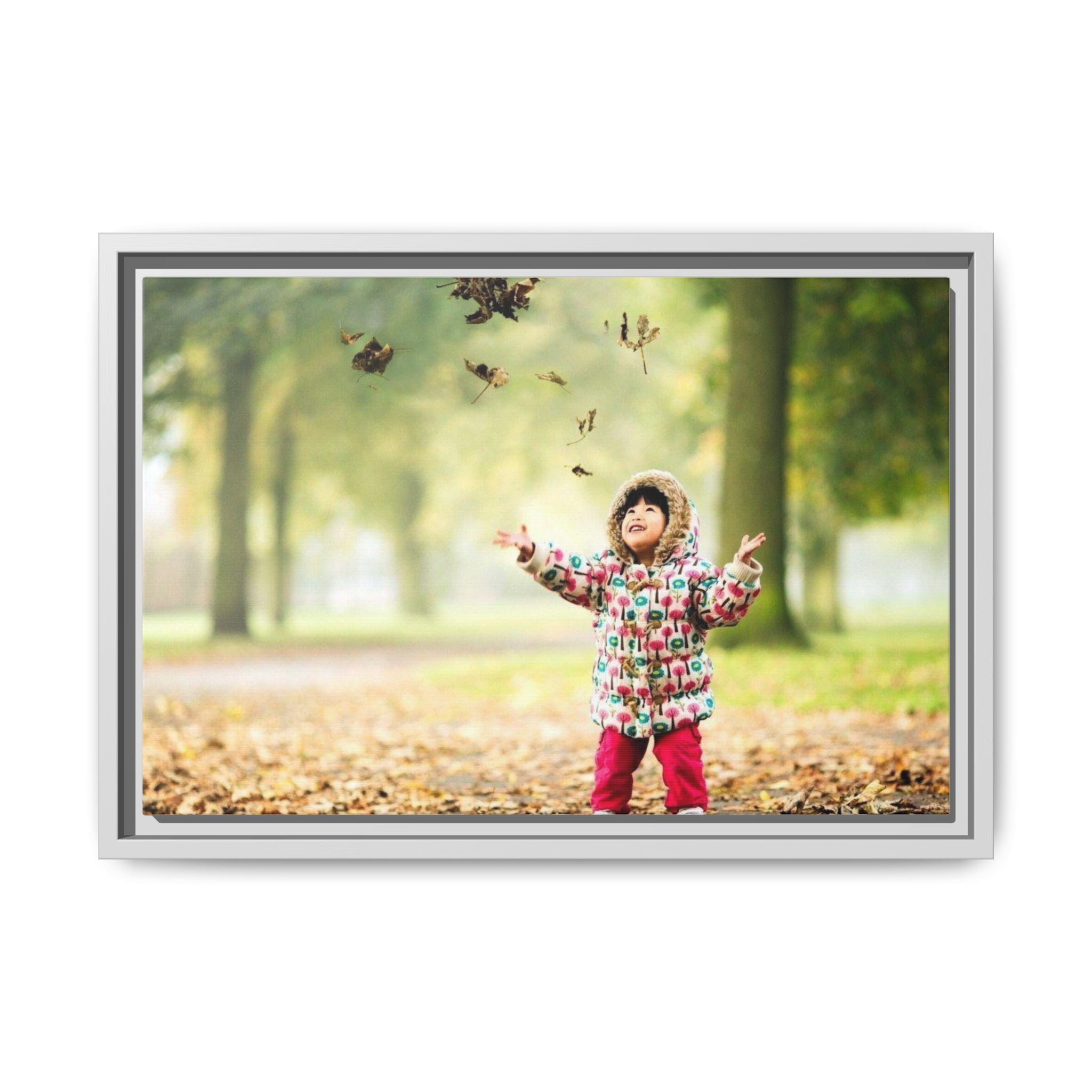 Framed Matte Canvas Photo Print — Autumn Child Playing in Leaves