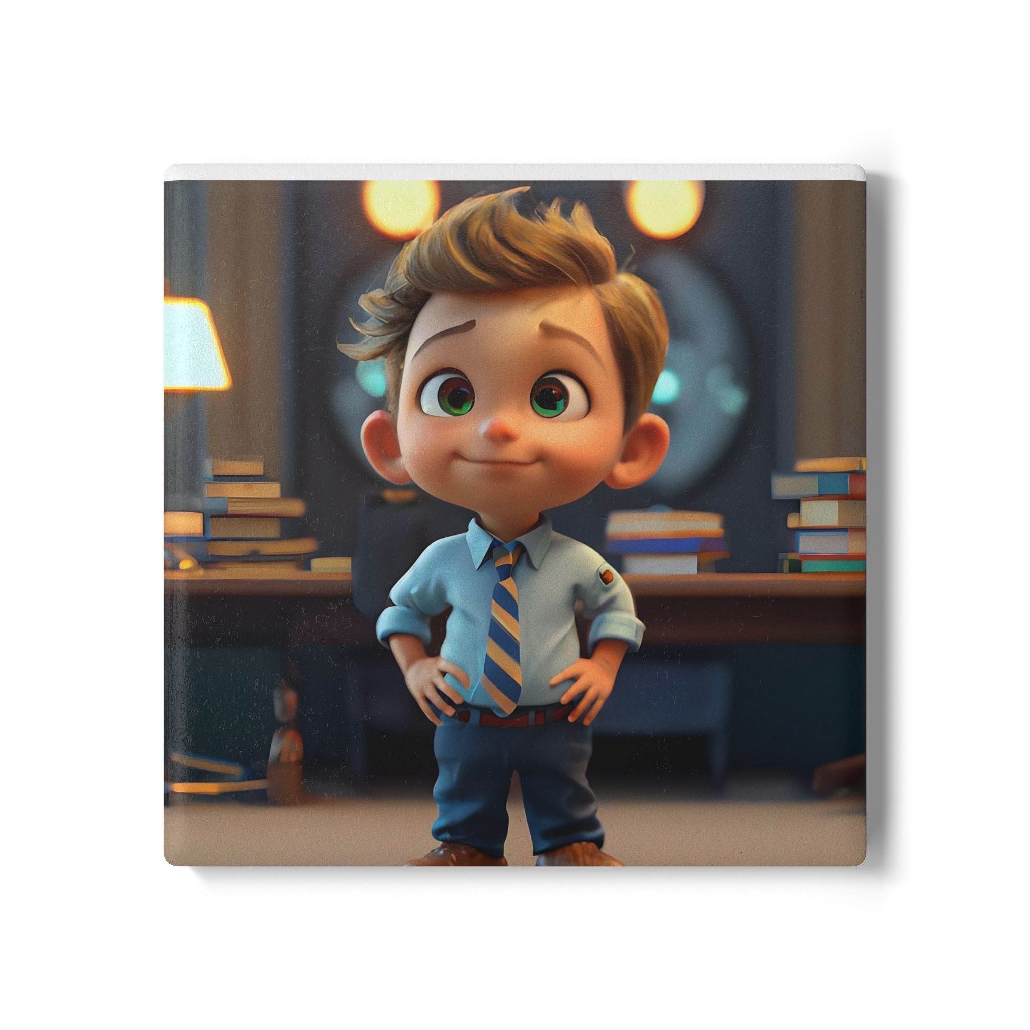 Kid Cartoon Boy Ceramic Coaster — Cute Office Desk Drink Mat