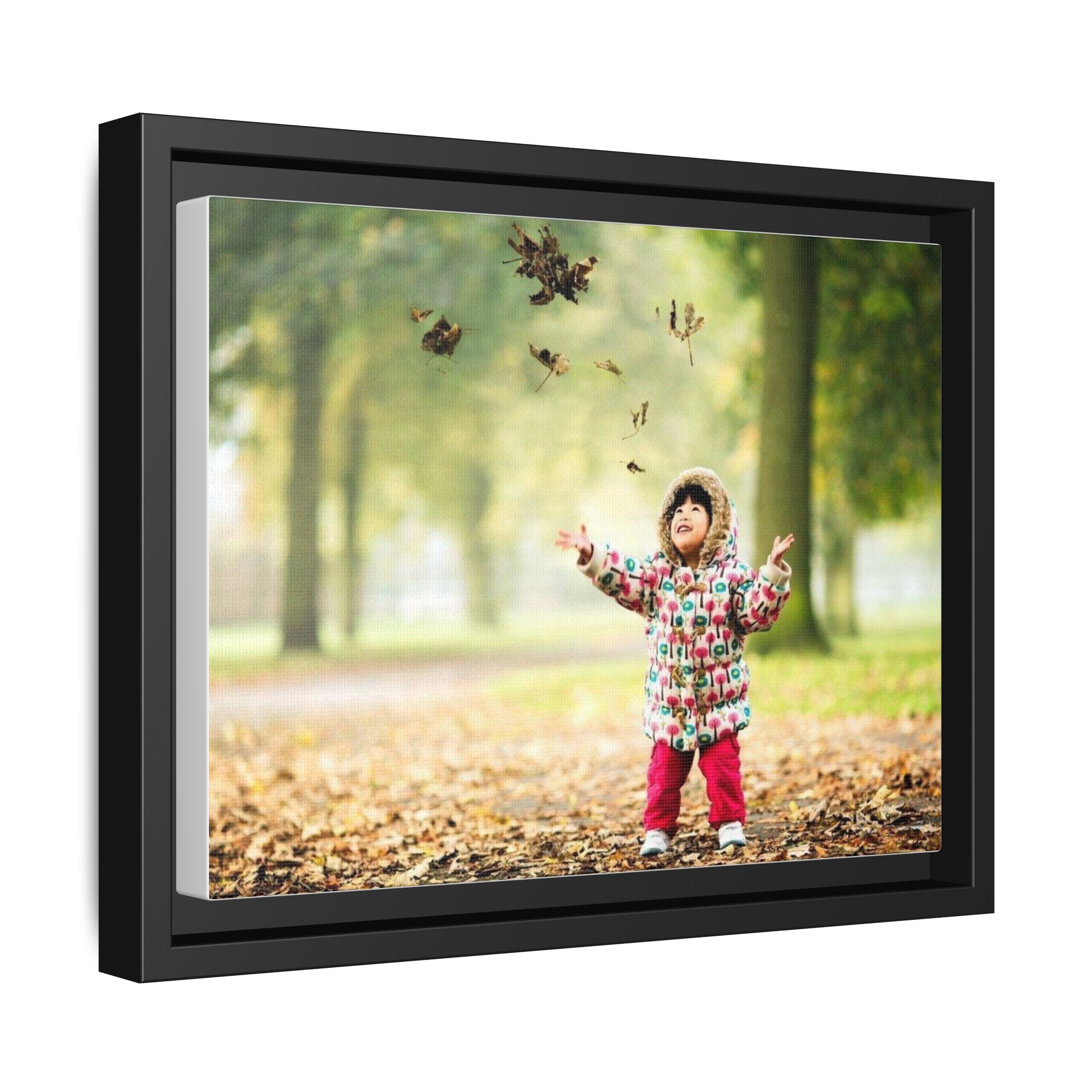 Framed Matte Canvas Photo Print — Autumn Child Playing in Leaves